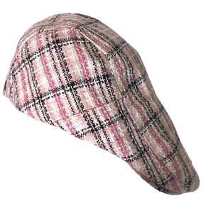 Pink Plaid Tweed Newsboy Cabbie Hat Cap One Size Adjustable Lined Preppy Twee